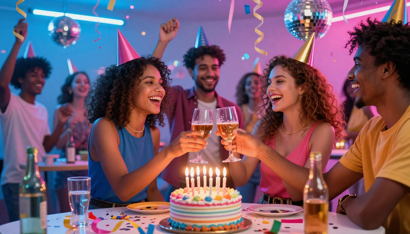 A vibrant and joyful birthday celebration scene. Two friends...