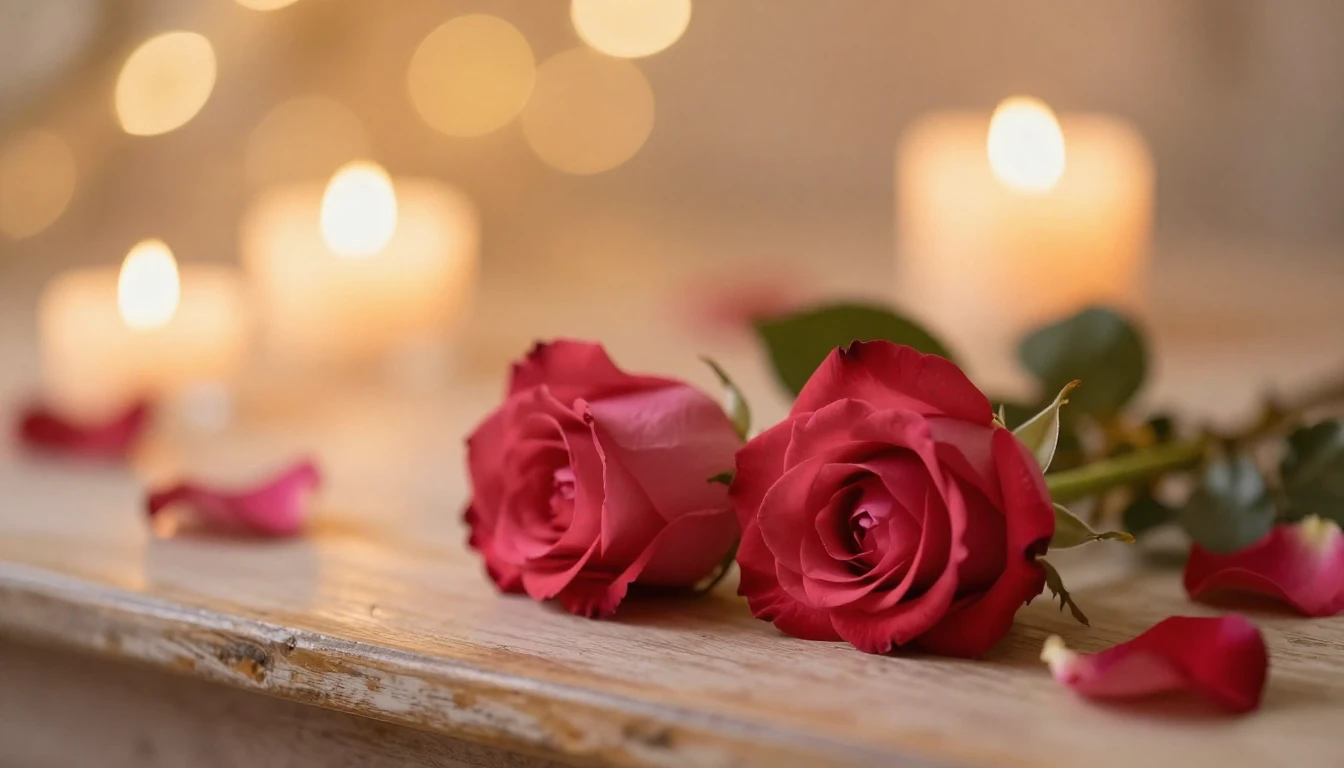 A soft and ethereal scene featuring two delicate red roses r...