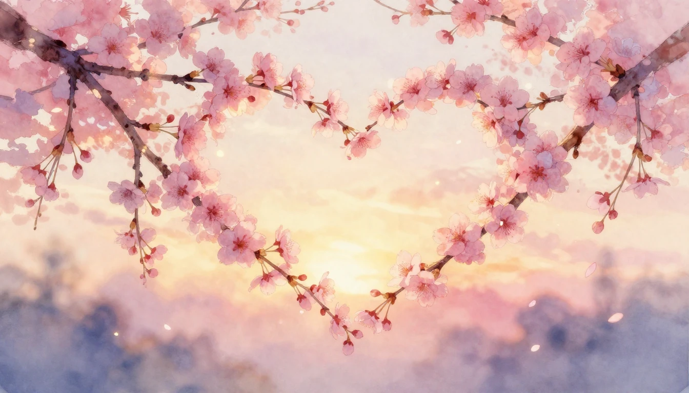 A delicate watercolor painting of two intertwined cherry blo...