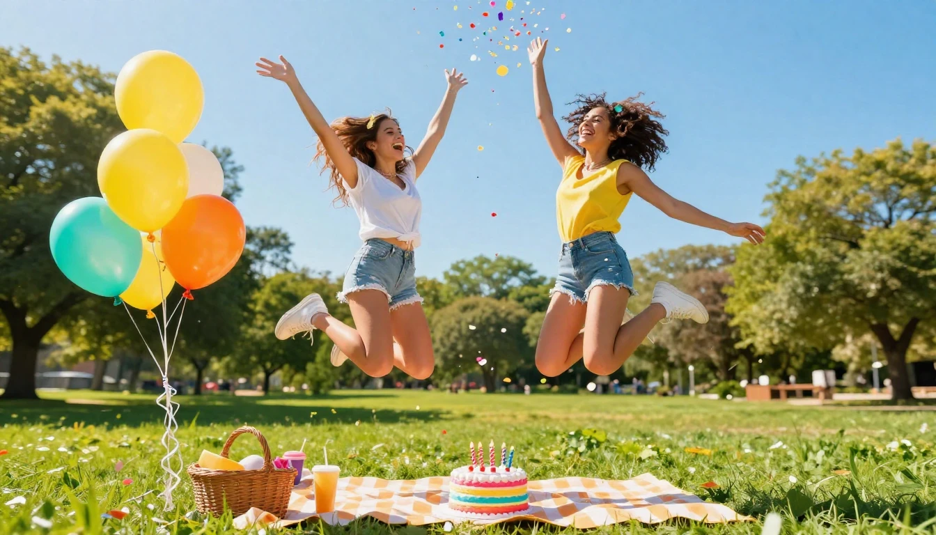 A vibrant and cheerful birthday party scene outdoors in a su...