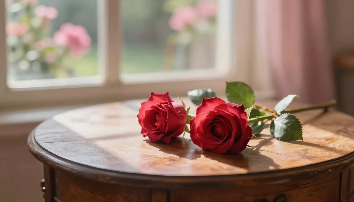 A dreamy and ethereal scene featuring two delicate red roses...