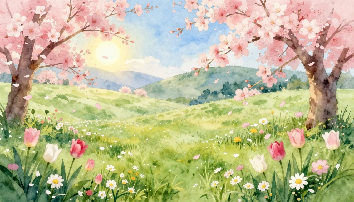 A vibrant watercolor painting of a lush spring meadow in ful...