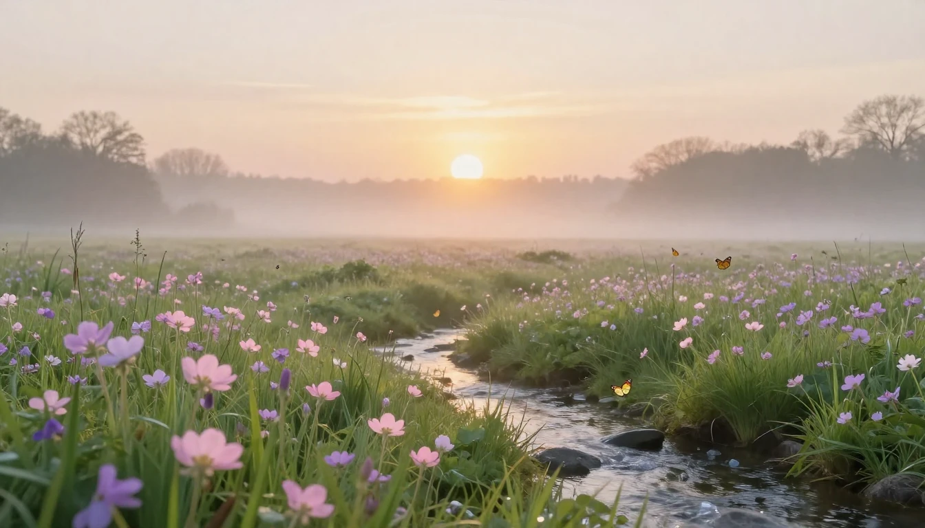 A lush meadow at dawn during the spring equinox. Soft pastel...