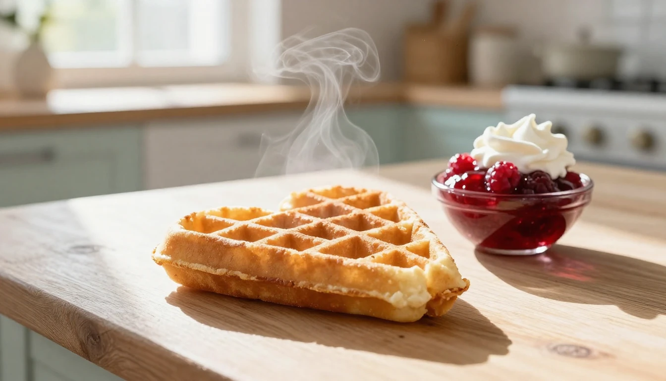 A beautiful close-up of a golden-brown, heart-shaped waffle ...