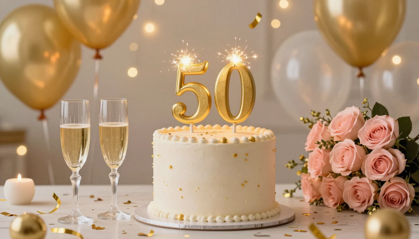 An elegant and festive birthday composition celebrating a 50...