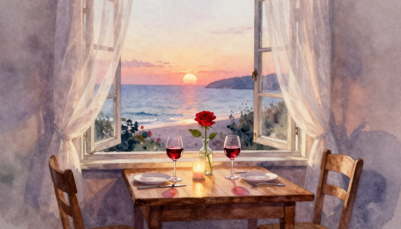A romantic watercolor painting of a cozy evening setting. A ...