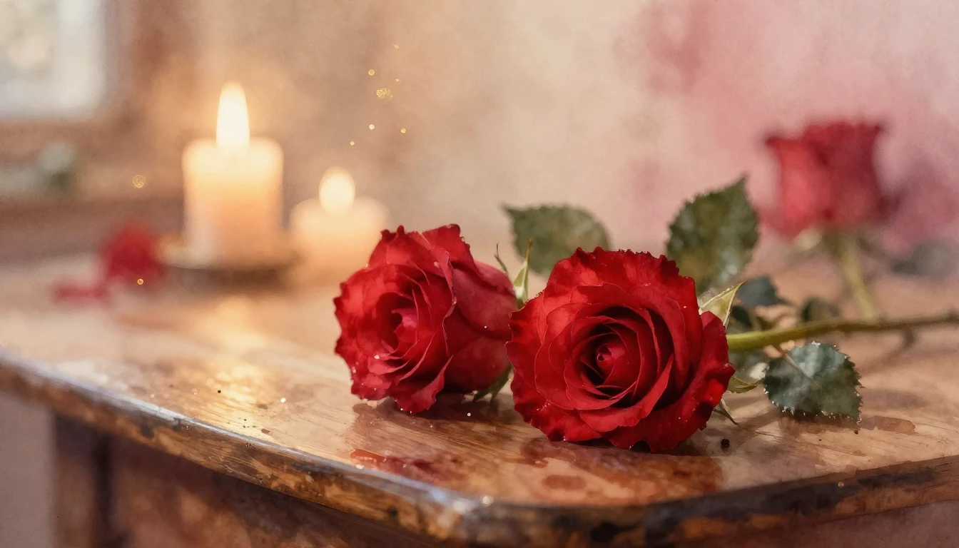 A soft watercolor painting of two delicate red roses resting...