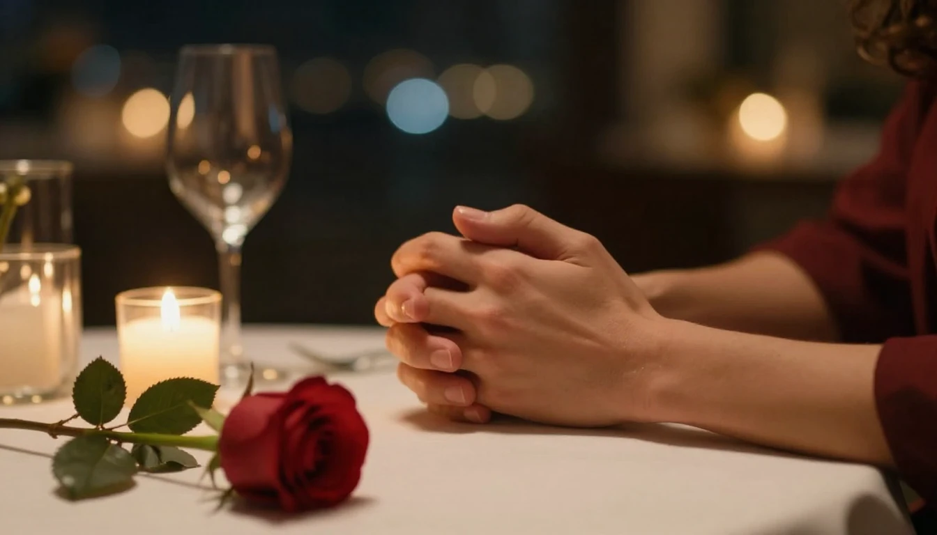 A cinematic, romantic close-up shot of a couple's hands gent...