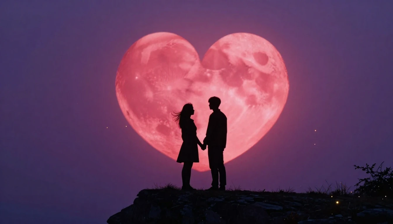 A romantic and atmospheric scene featuring two silhouettes s...