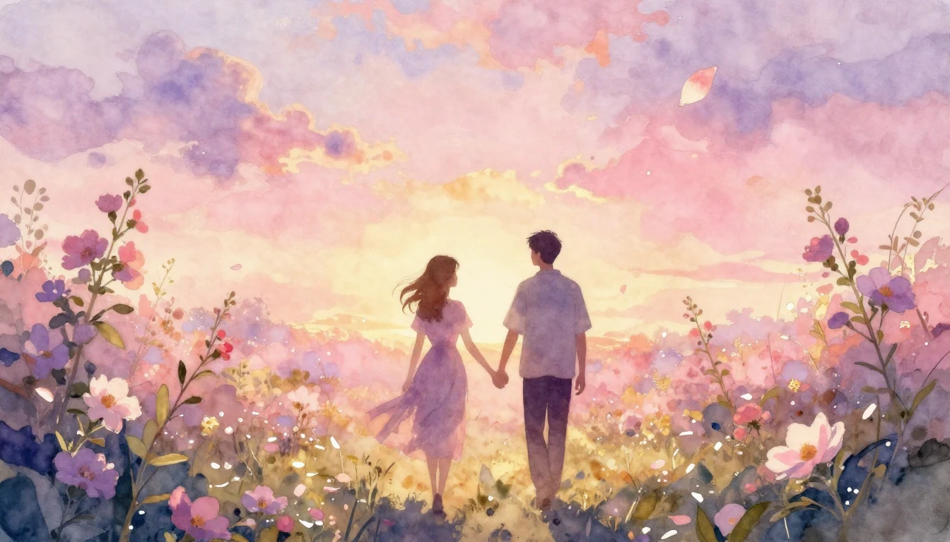 A beautiful watercolor painting of two silhouettes walking h...