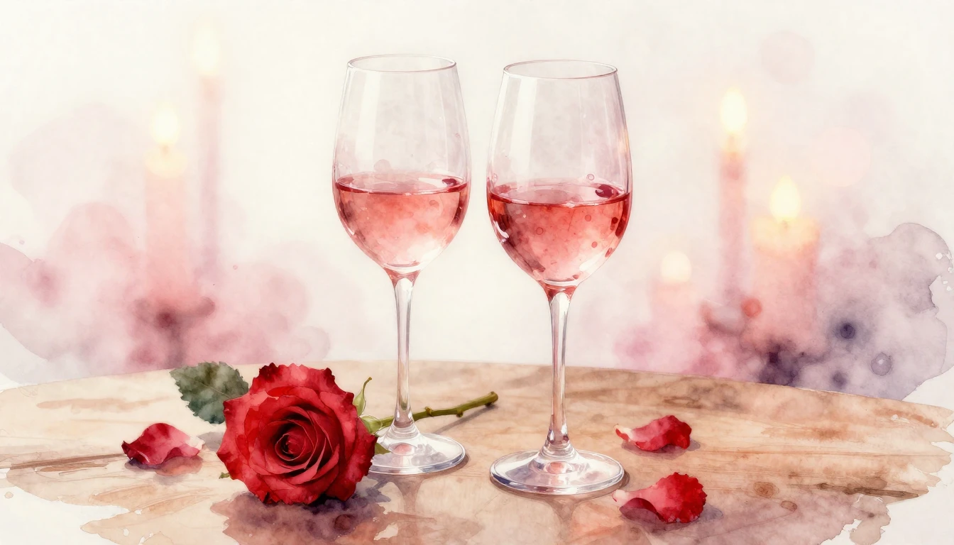 A delicate watercolor painting of two elegant wine glasses s...