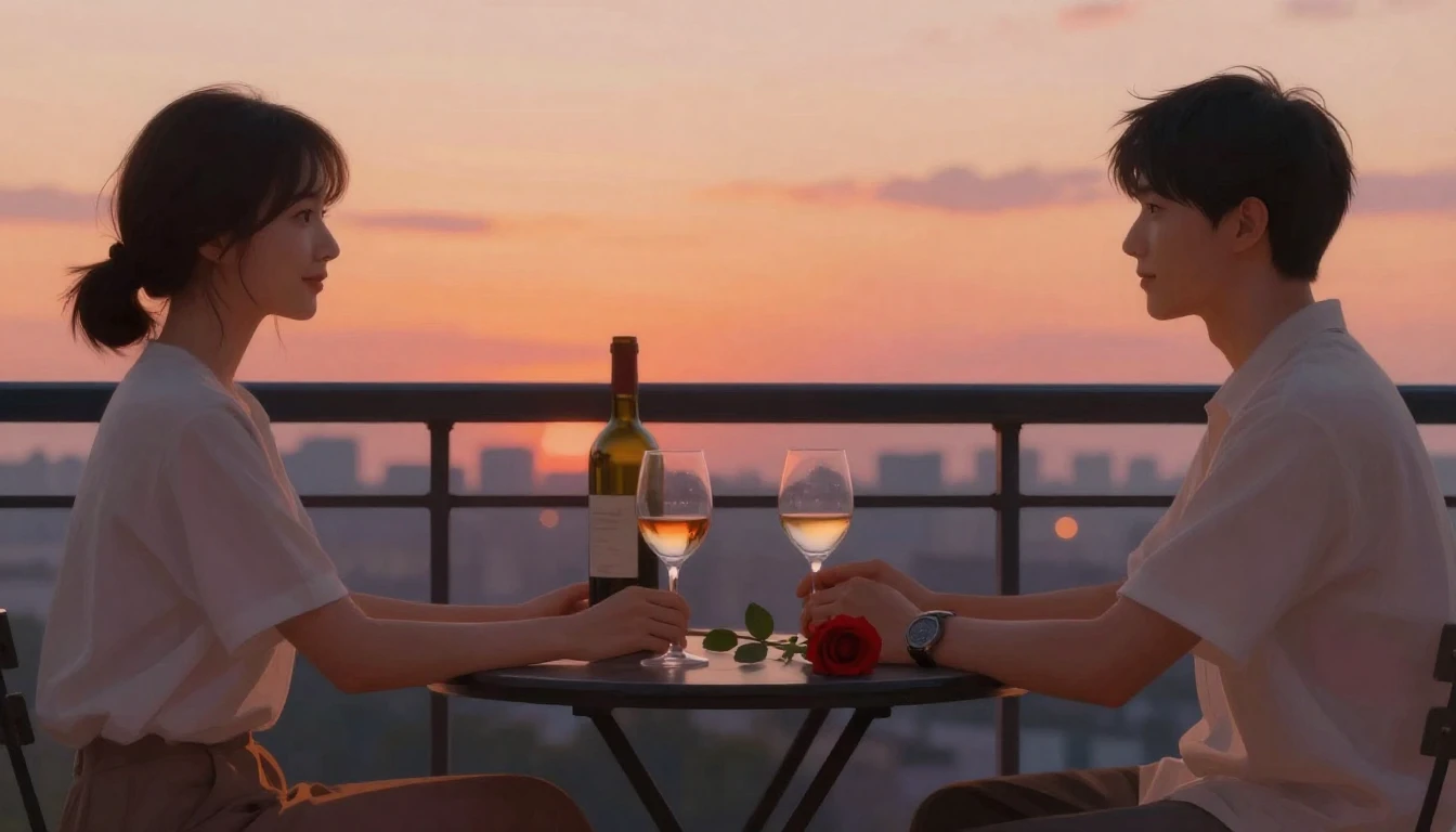 A romantic scene of a couple holding hands across a small ta...