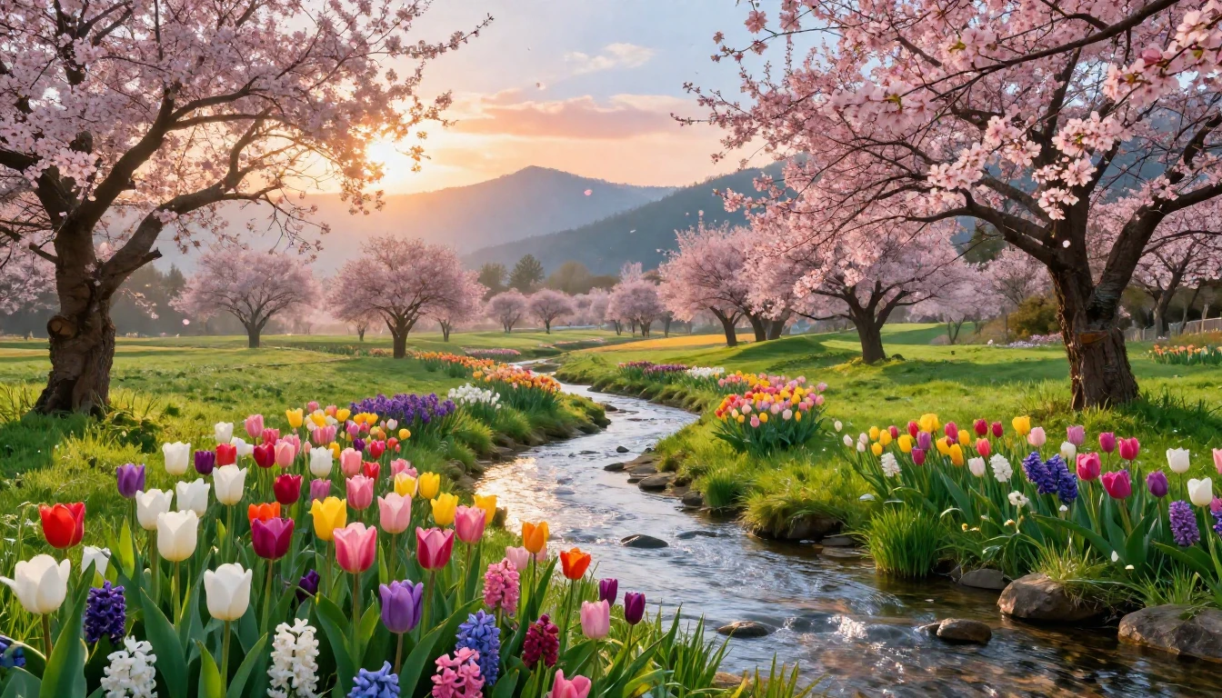 A vibrant and lush spring landscape at dawn. The foreground ...