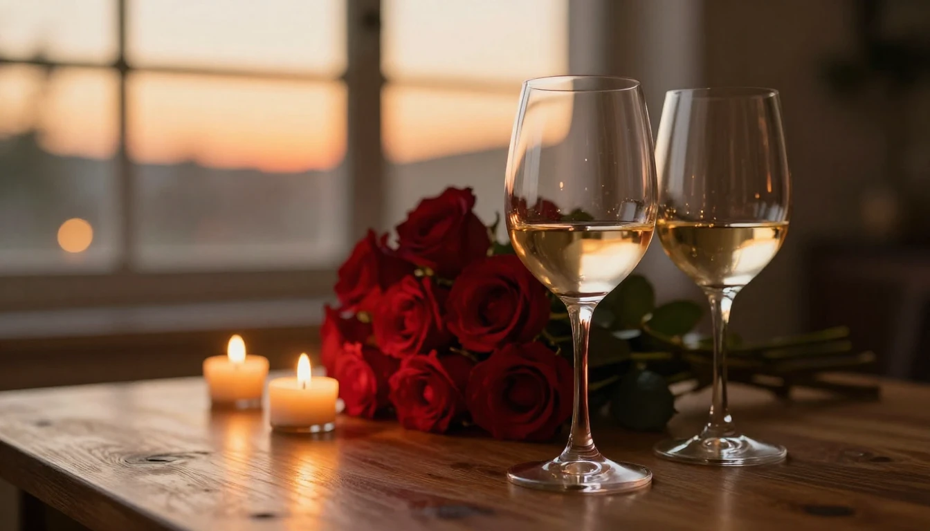 A close-up, photorealistic shot of two elegant wine glasses ...