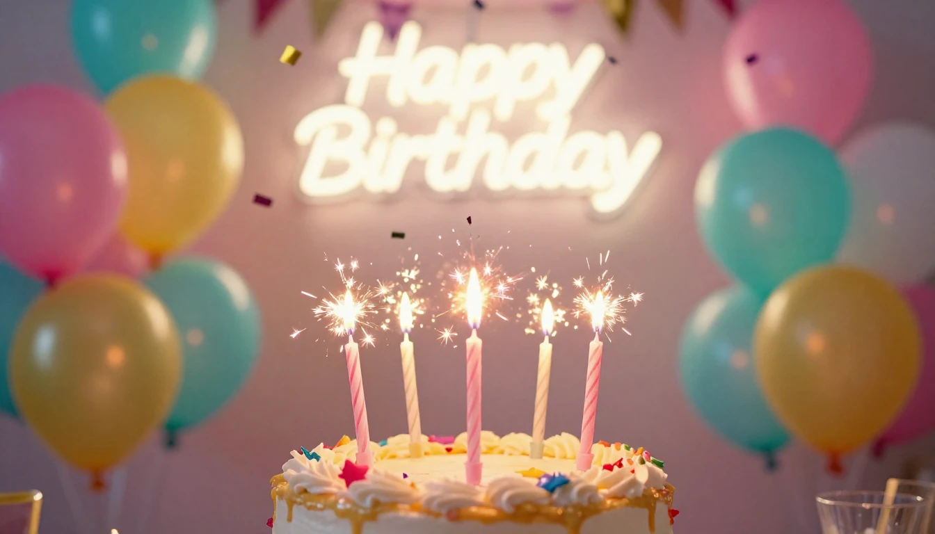 A vibrant and festive birthday scene featuring a beautifully...