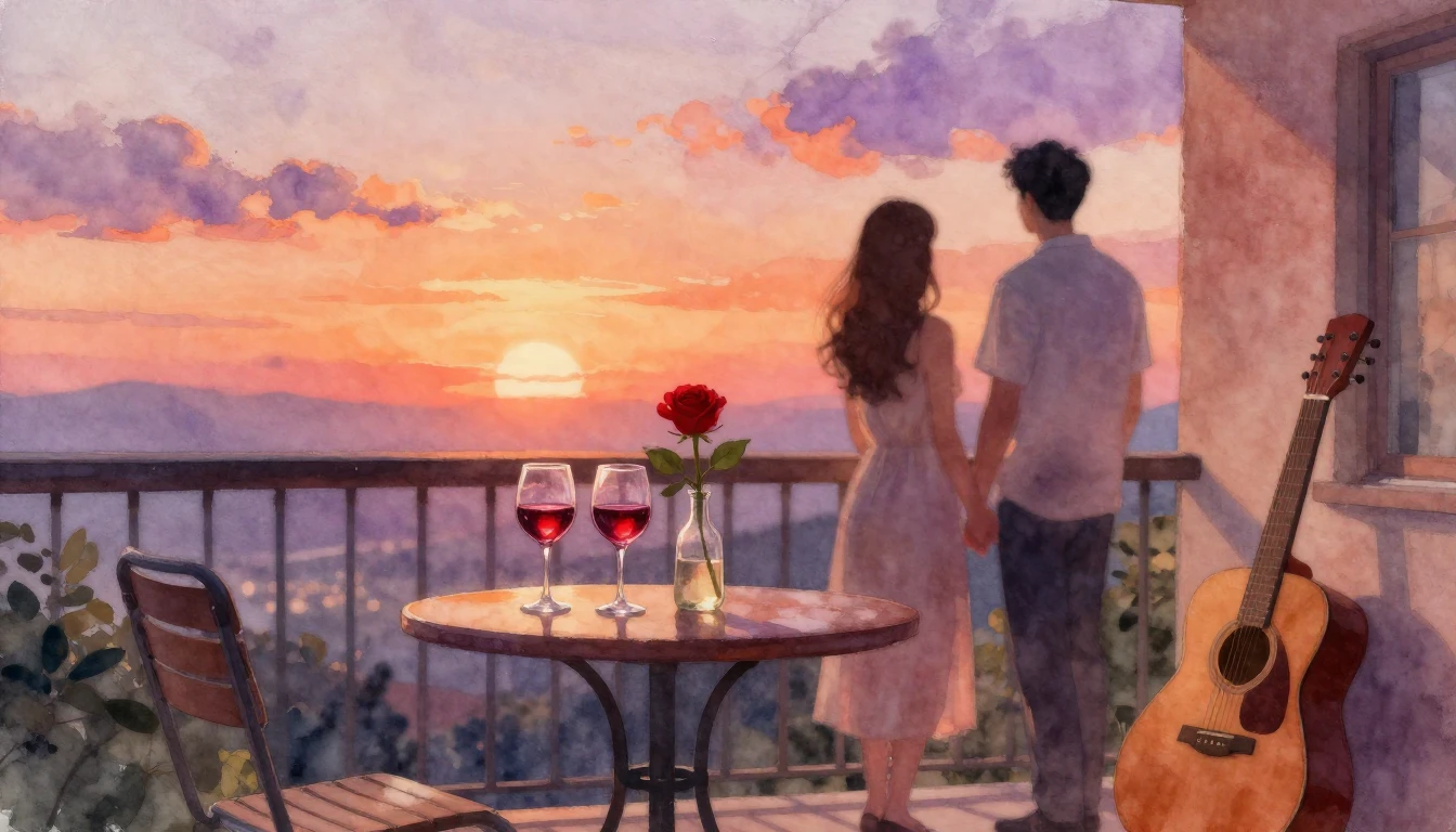 A romantic scene painted in soft watercolor style. A cozy ba...