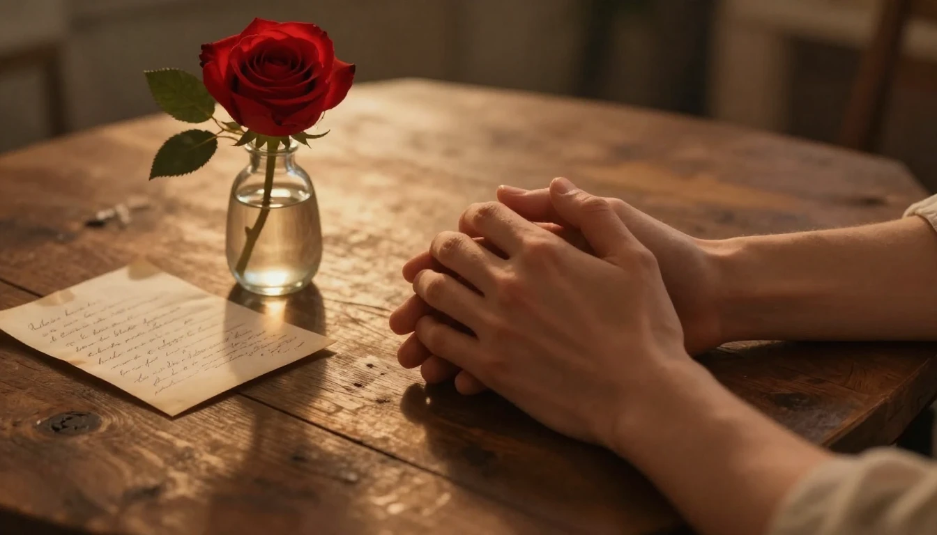 A warm, romantic close-up illustration of two hands holding ...