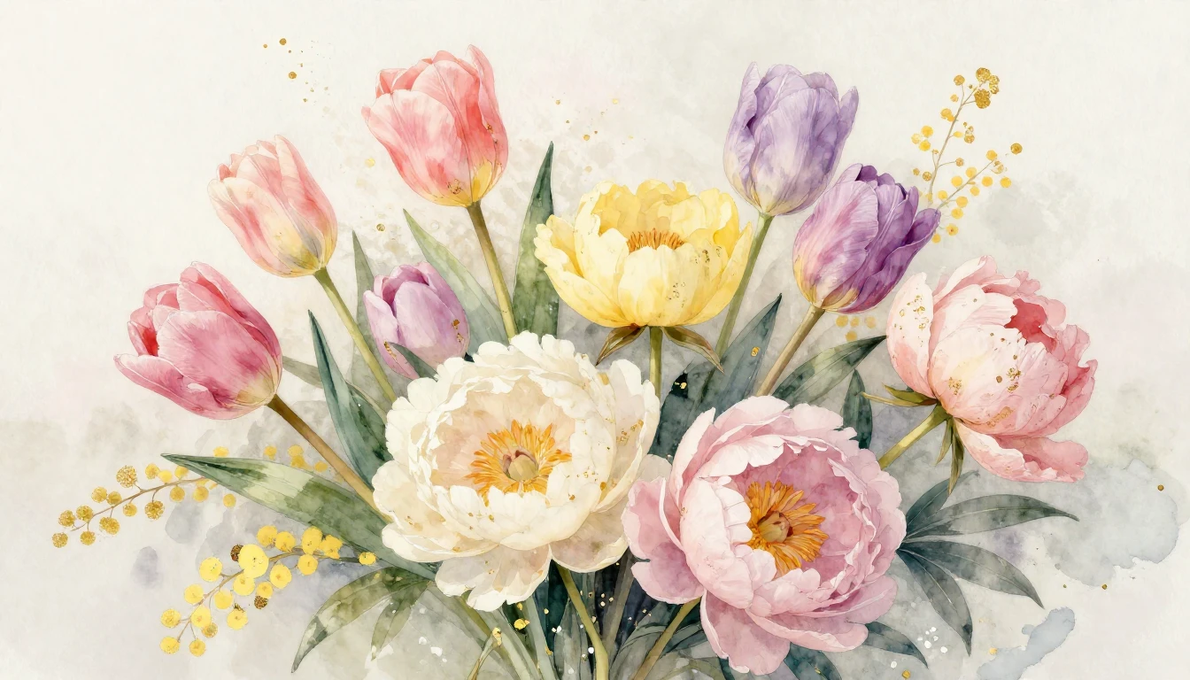 A delicate watercolor painting featuring a lush bouquet of s...