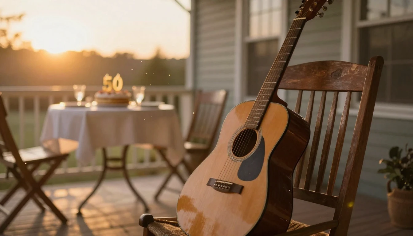 A warm, nostalgic scene showing a vintage acoustic guitar re...