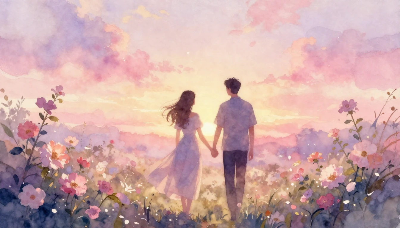 A soft and ethereal watercolor painting depicting two silhou...