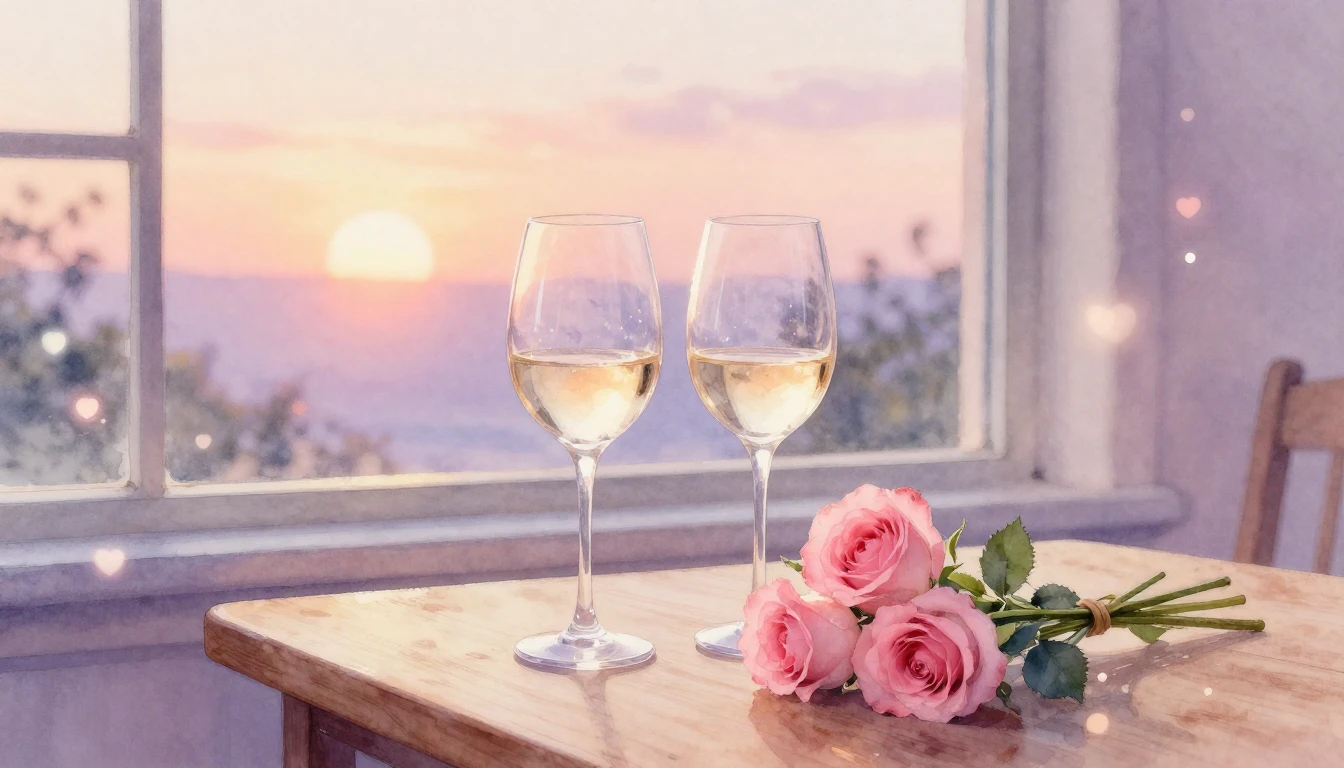 A soft watercolor painting of two elegant wine glasses and a...