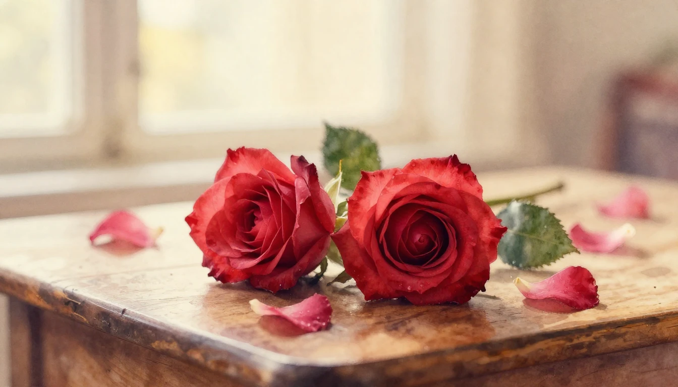 A delicate watercolor painting of two intertwined red roses ...