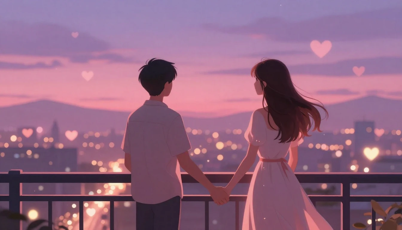 A romantic illustration of a couple holding hands on a balco...