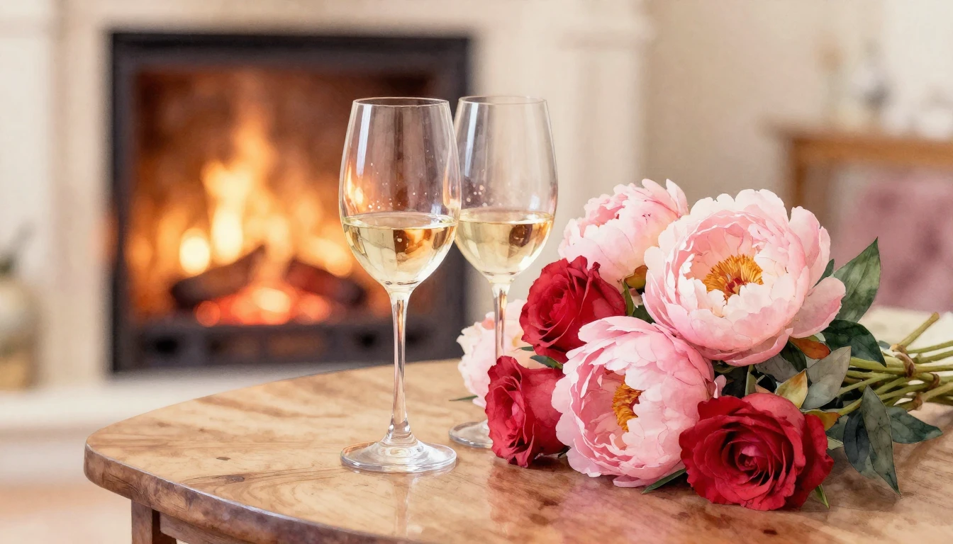 A delicate watercolor painting of two elegant wine glasses s...