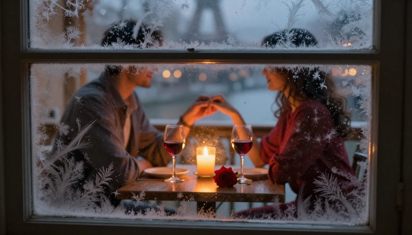 A romantic and cozy interior scene viewed through a window p...