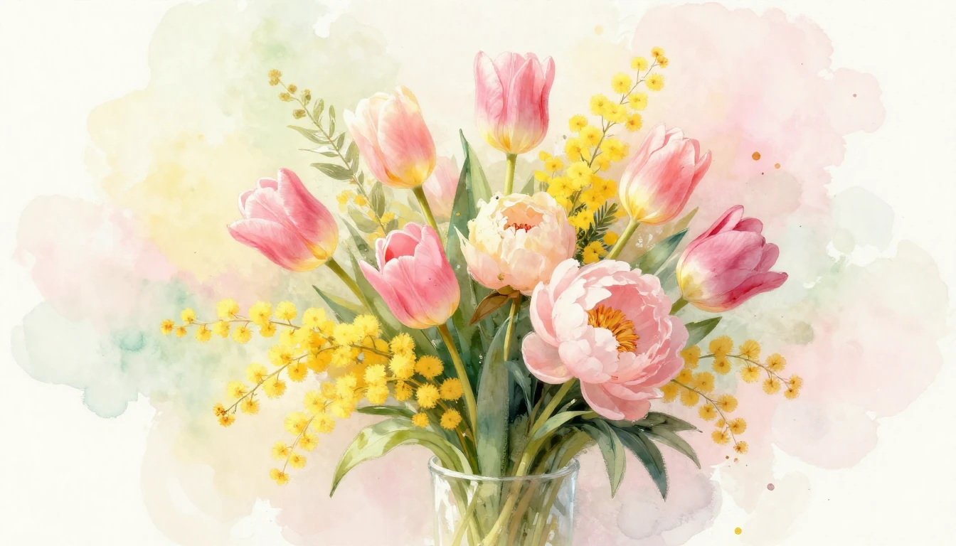 A beautiful bouquet of spring flowers including tulips, mimo...