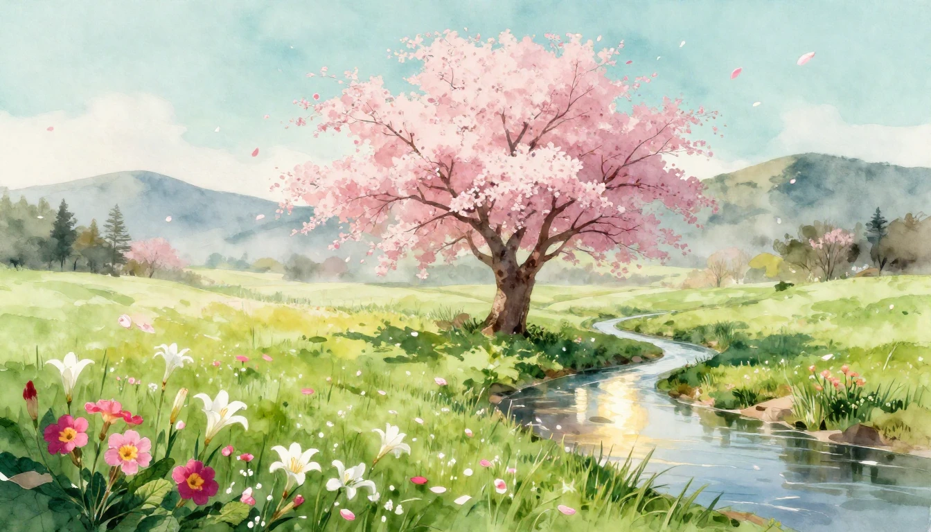 A serene watercolor landscape depicting a sun-drenched meado...