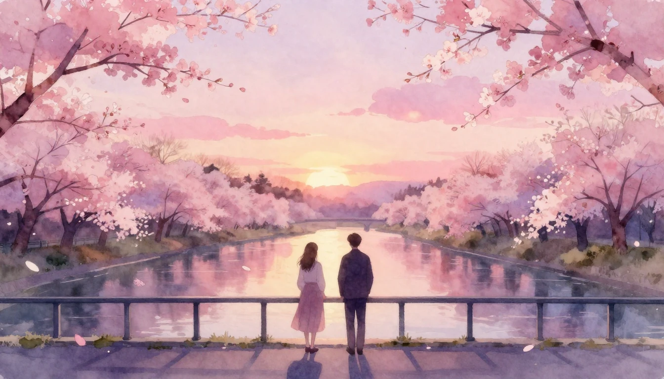 A dreamy and ethereal watercolor painting of two silhouettes...