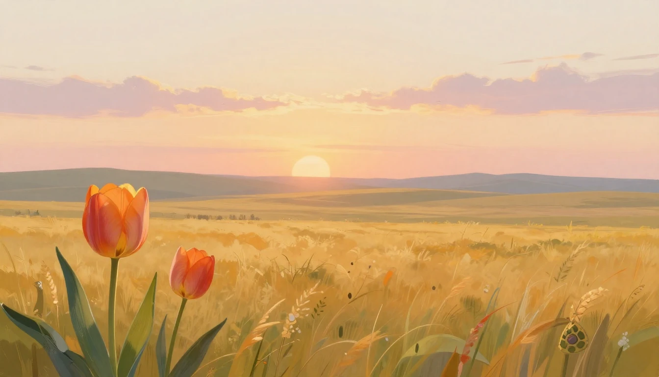 A serene landscape at sunrise, featuring a vast golden stepp...