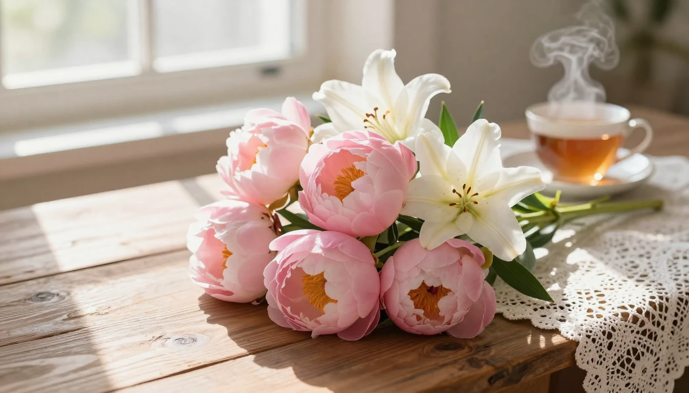 A beautiful bouquet of soft pink peonies and white lilies re...