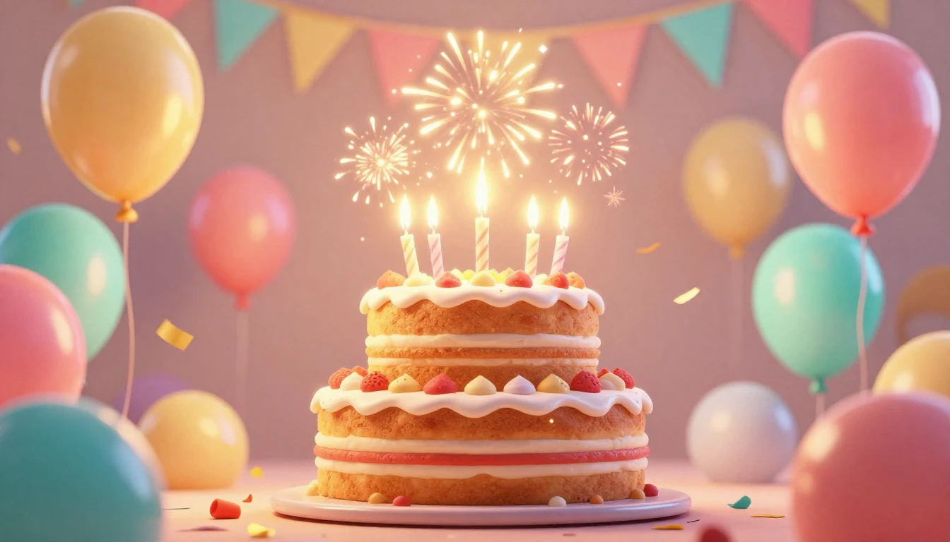 A vibrant and festive birthday celebration scene in a cute 3...