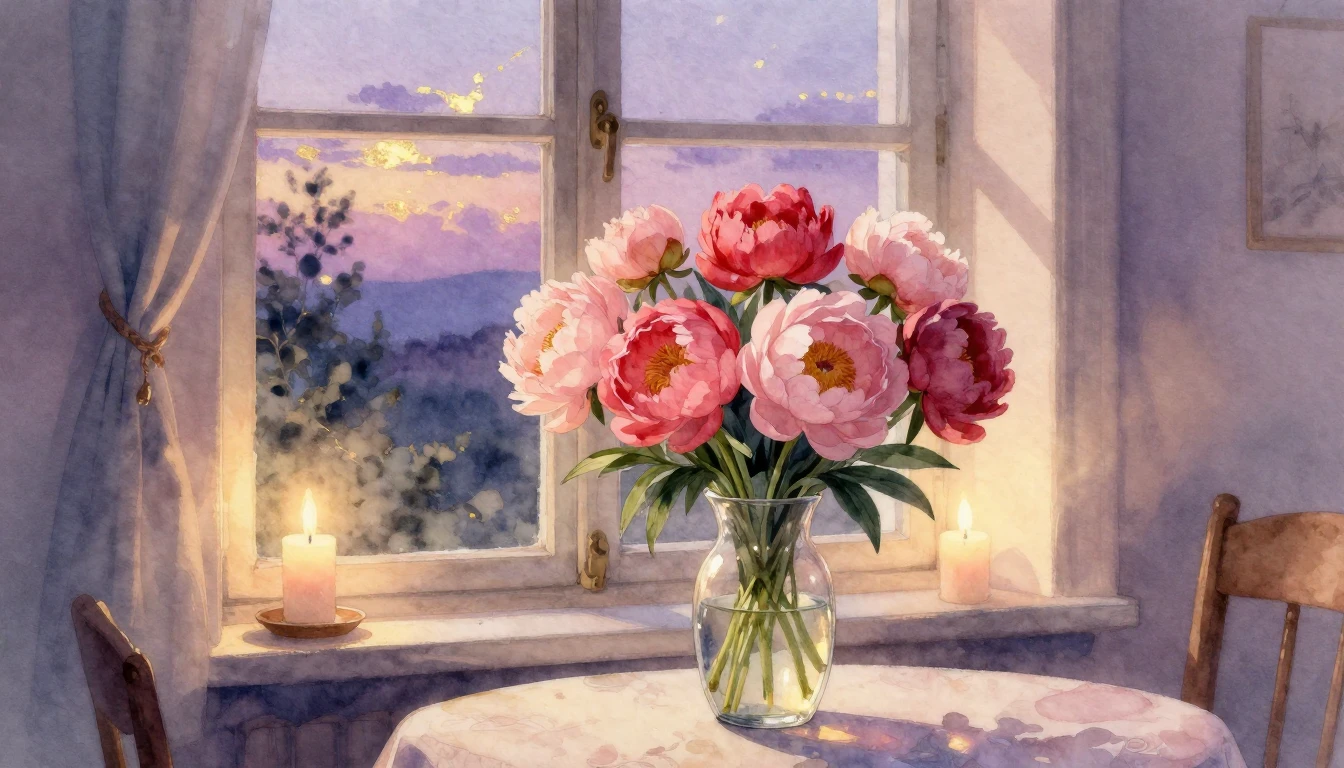 A beautiful watercolor illustration of a cozy room at dusk. ...