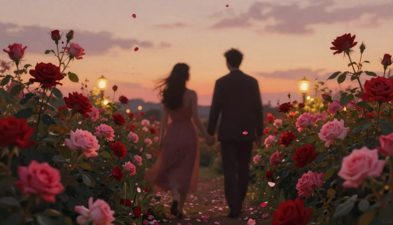 A dreamy and ethereal scene of two silhouettes walking throu...