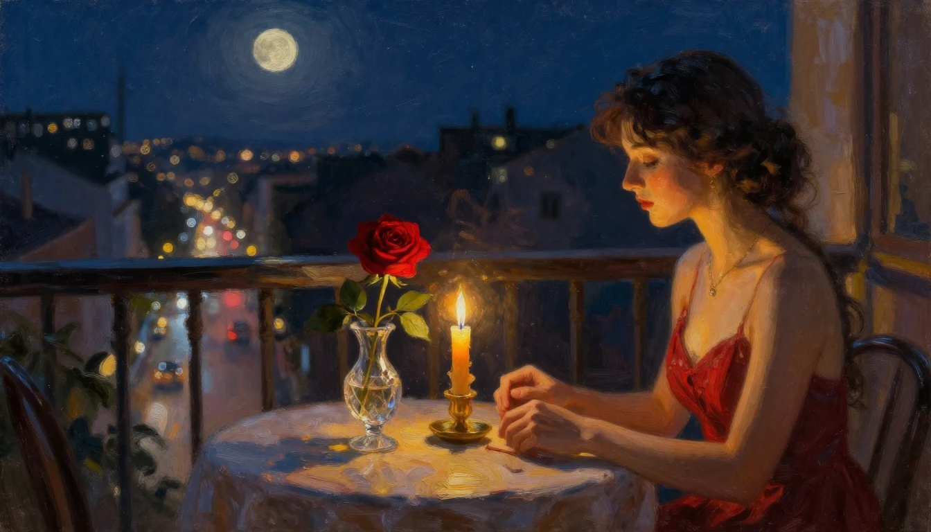 An exquisite oil painting of a candlelit table set for two o...