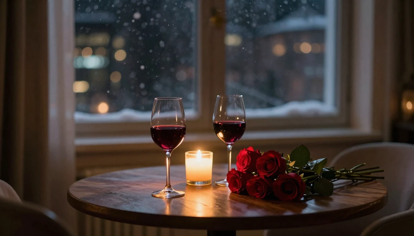 A romantic and intimate scene inside a cozy apartment at nig...