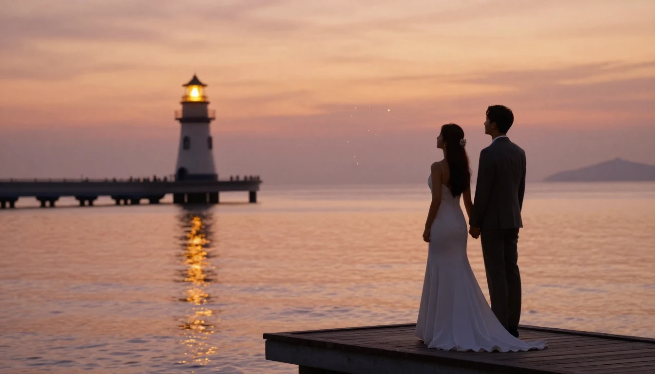 A romantic and atmospheric image of a newlywed couple standi...