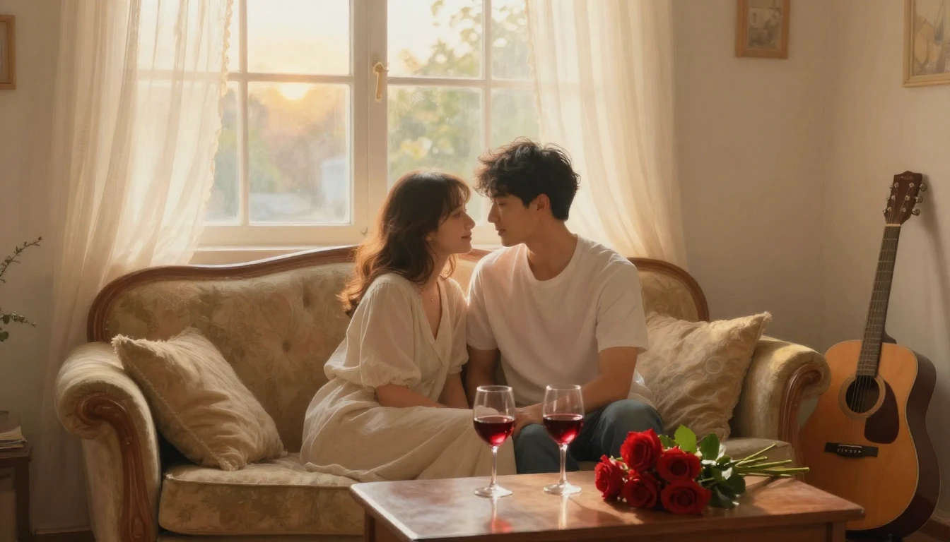 A romantic and intimate scene of a couple sitting comfortabl...