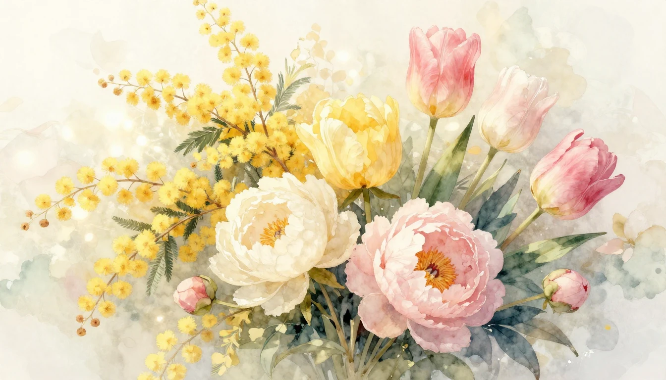 A delicate watercolor painting of a lush bouquet featuring m...