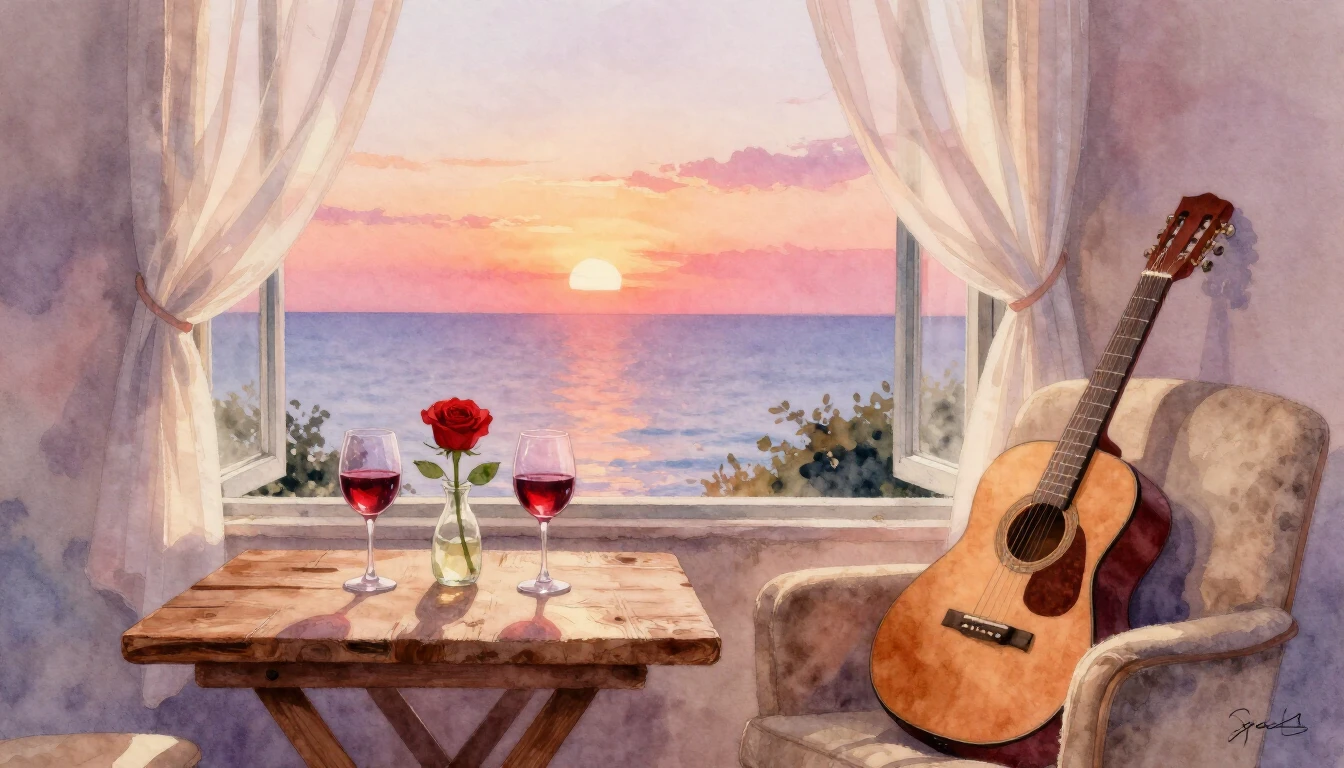 A soft and romantic watercolor painting depicting a cozy int...