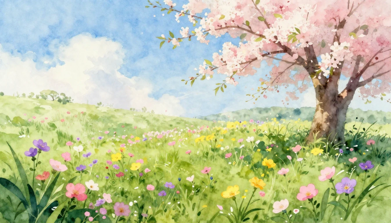 A vibrant watercolor painting of a lush spring meadow in ful...