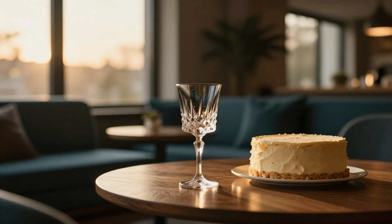 A warm, dimly lit modern lounge setting during golden hour. ...