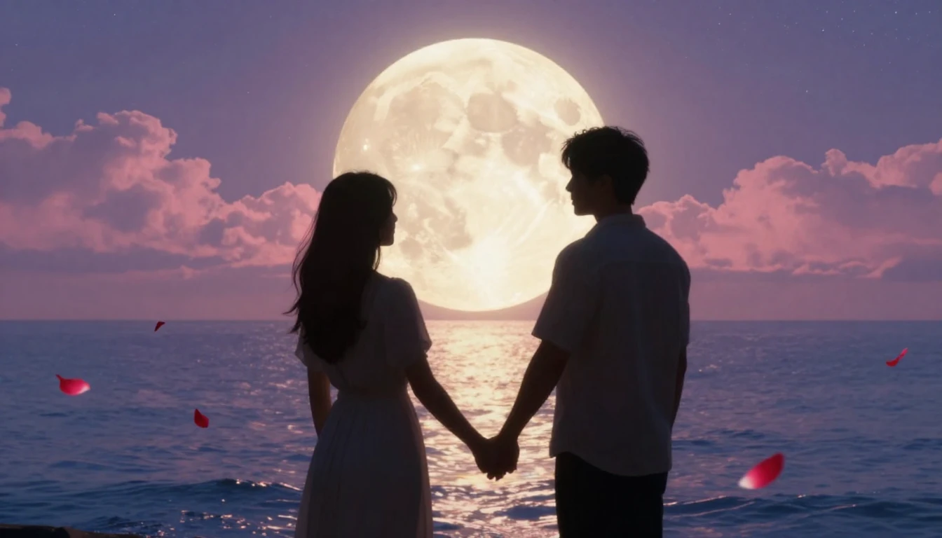 A romantic and atmospheric scene featuring a silhouette of a...