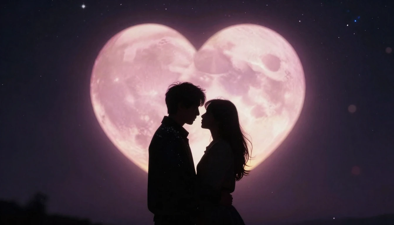 A cinematic, romantic scene featuring a silhouette of a lovi...