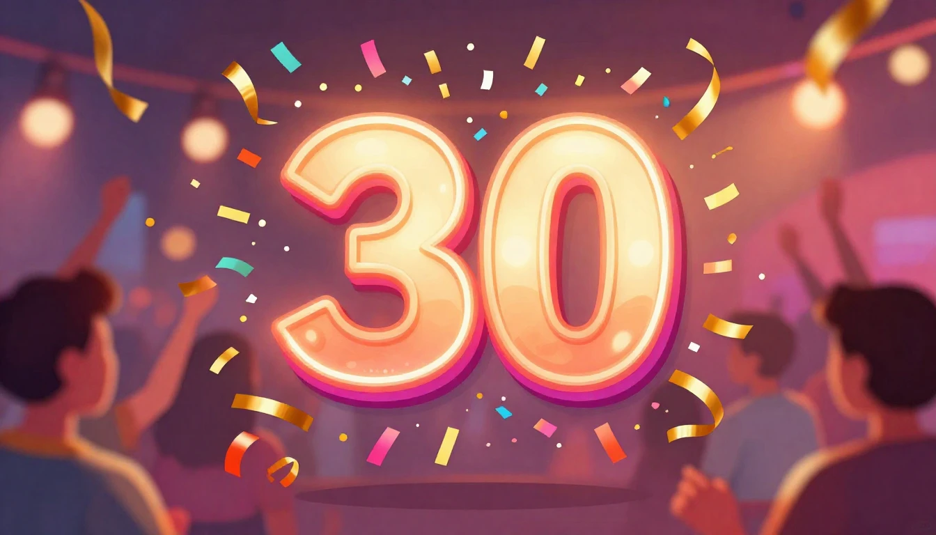 A vibrant and festive digital art illustration for a 30th bi...