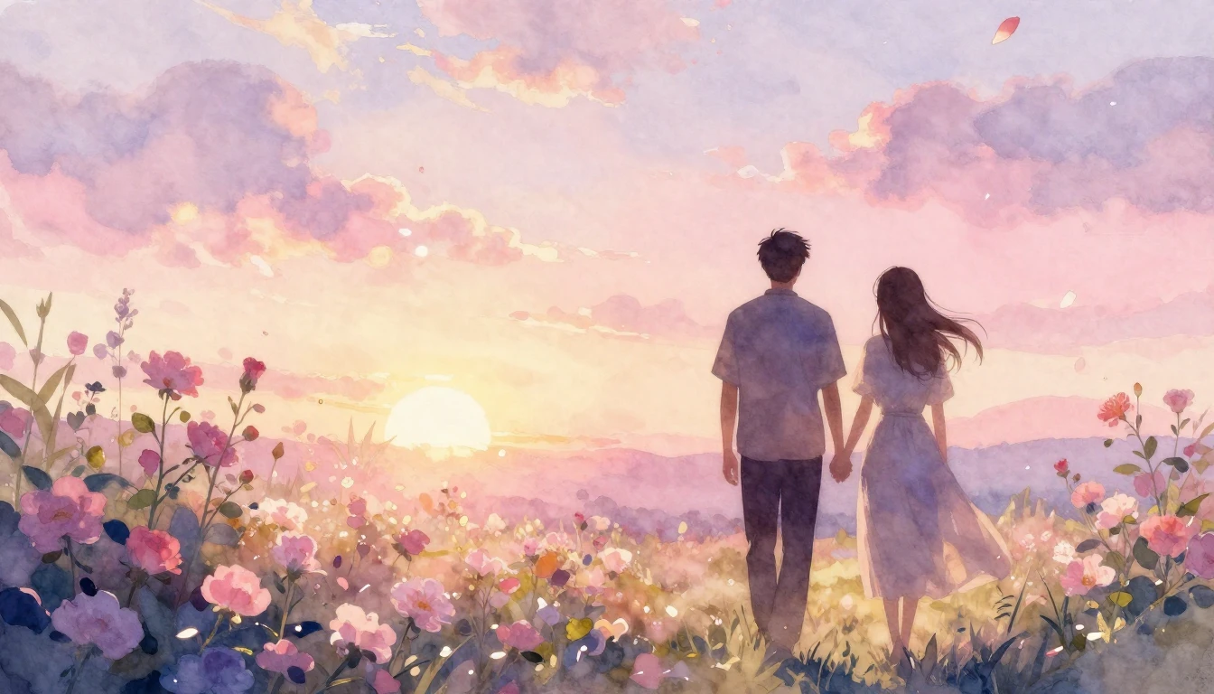 A dreamy watercolor painting of two silhouettes walking hand...