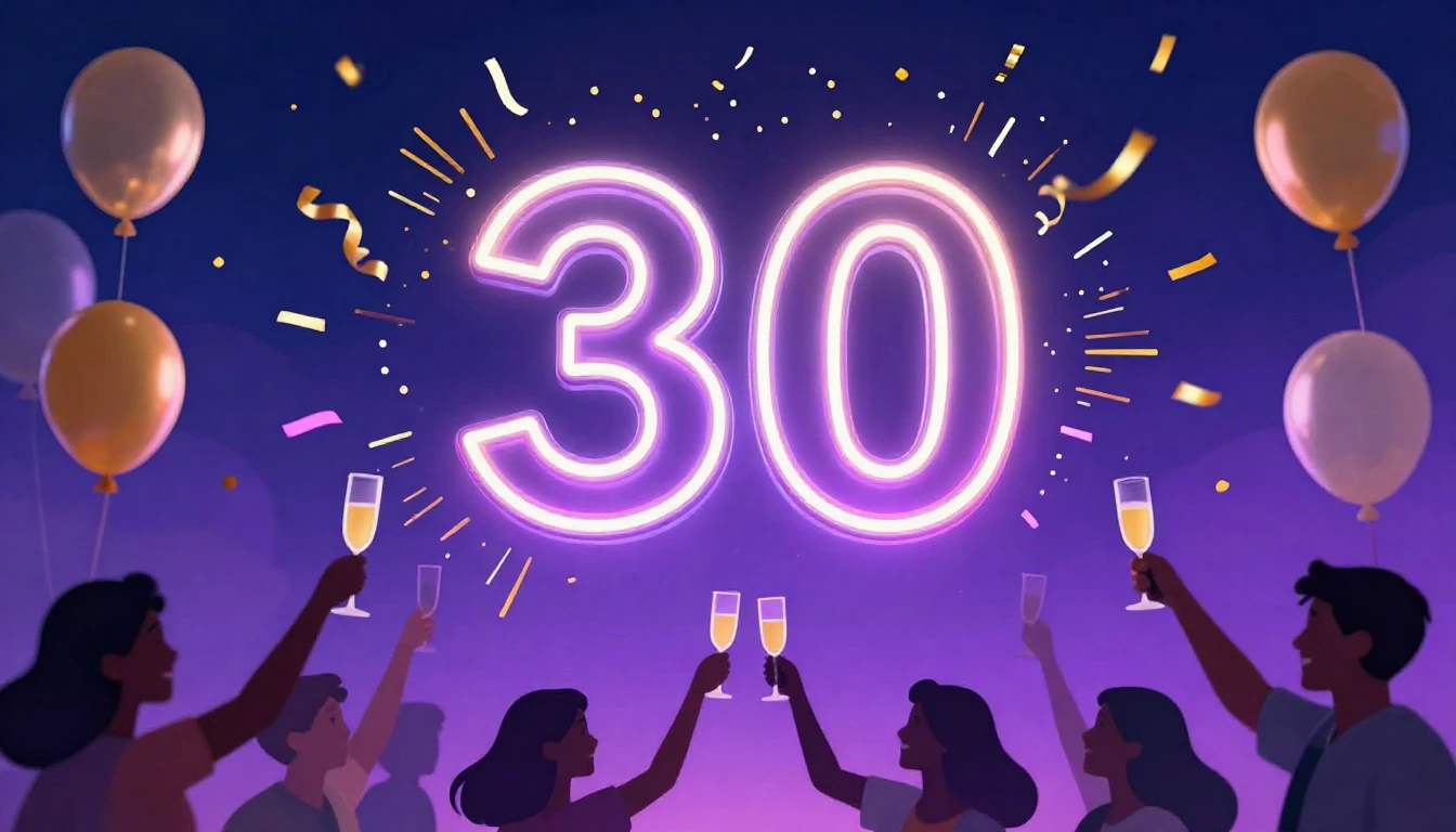 A vibrant digital art illustration celebrating a 30th birthd...